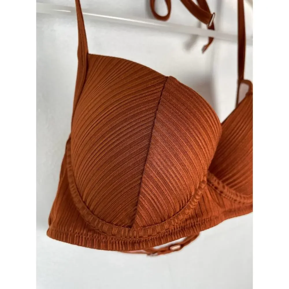 Shade & Shore Copper Bikini Top Swimsuit Fixed Cup Halter Tie Satin Top 32B
